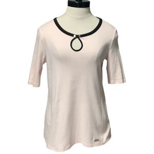 ELLEN TRACY Blush Pink & Black Trim Keyhole Neckline T-Shirt - Size‎ S